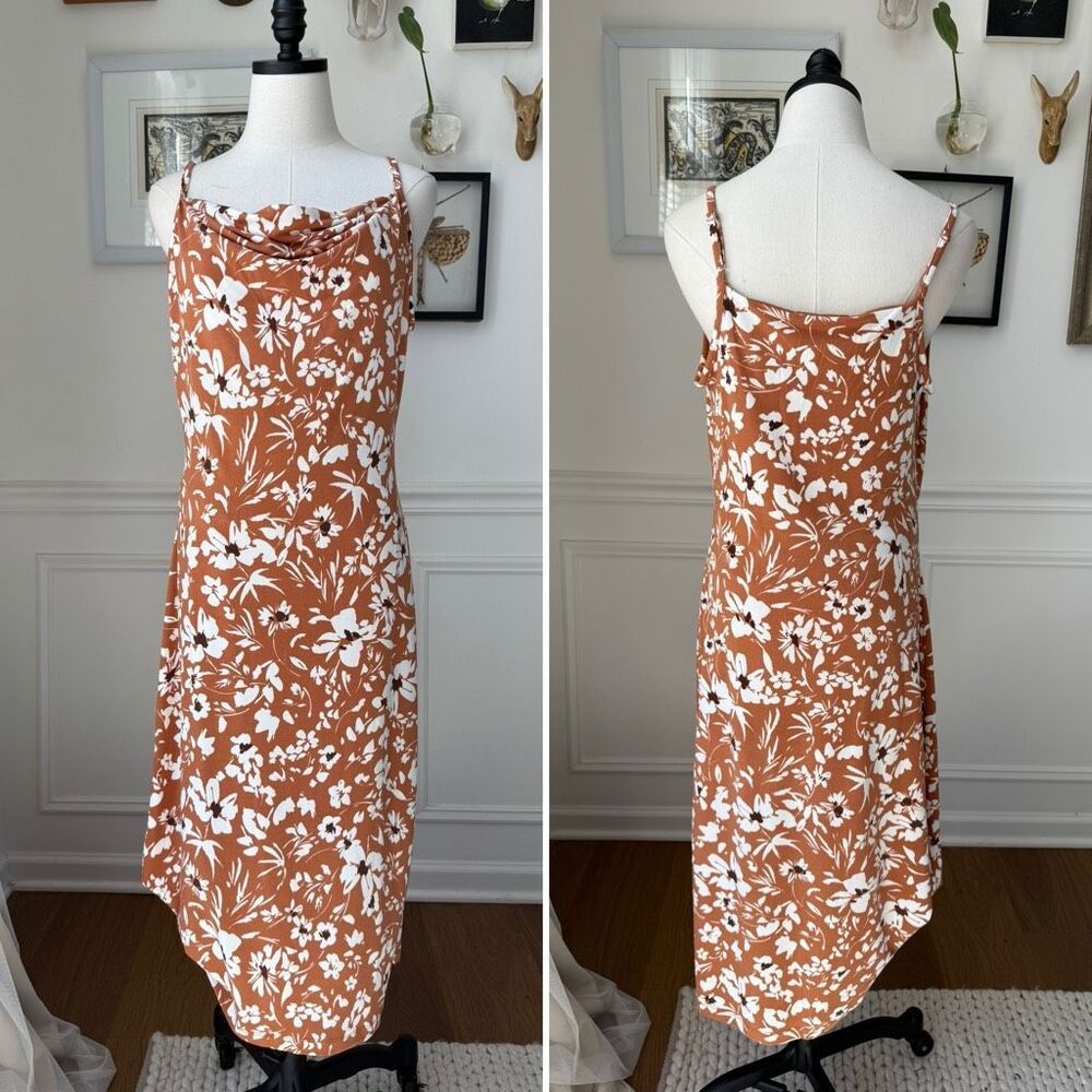 Joie Cowl Neck Midi Slip Dress Terracotta Floral M